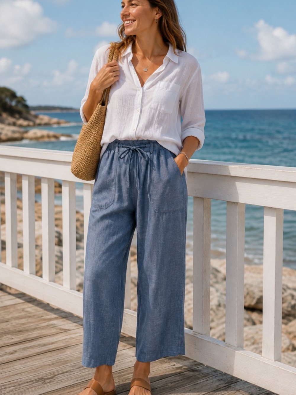 Talbot's LINEN blend pants/trousers XL elastic tie waist blue wide leg coastal